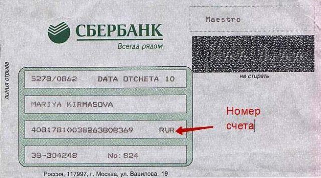 Реквизиты карточного счета на конверте, прилагающегося к карте